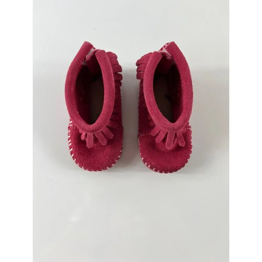 Minnetonka Infant Back Flap Suede Fringe Bootie Moccasins Baby Size 1 Red Pink